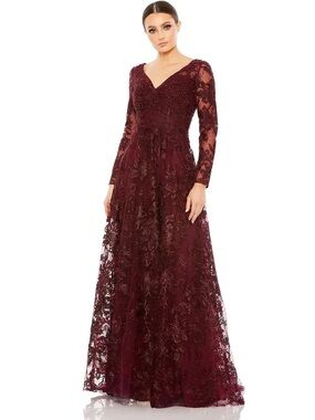 Mac Duggal Burgundy Long-Sleeve Lace Evening Gown